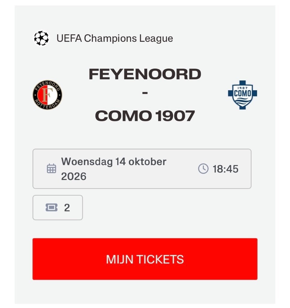 2 tickets feyenoord-como 1907 champions league, Tickets en Kaartjes, Twee personen