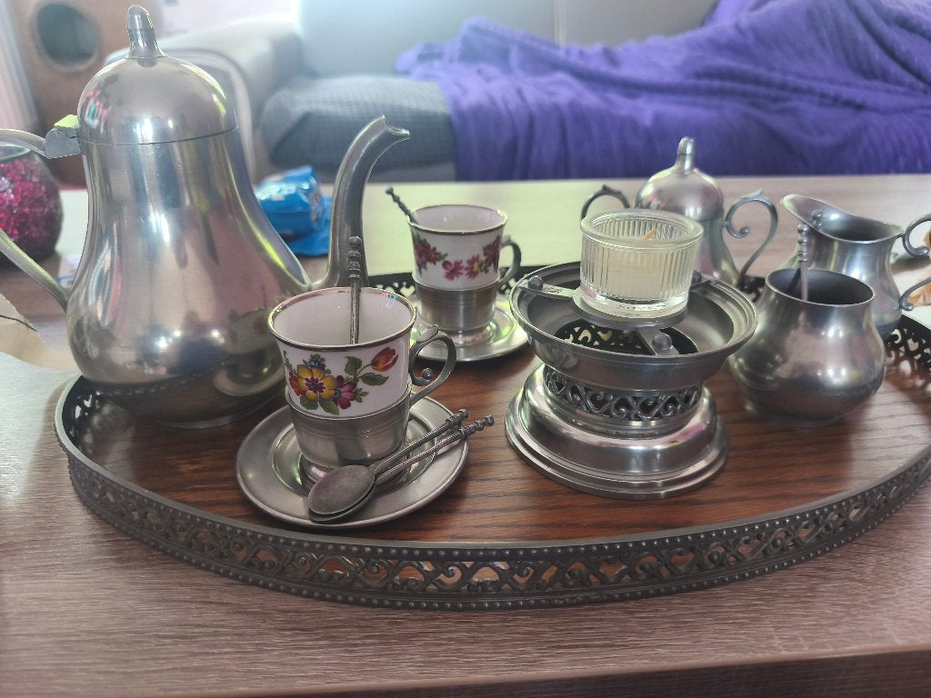 Vintage Tinnen Koffie-/Theeservies met Dienblad, Ophalen of Verzenden