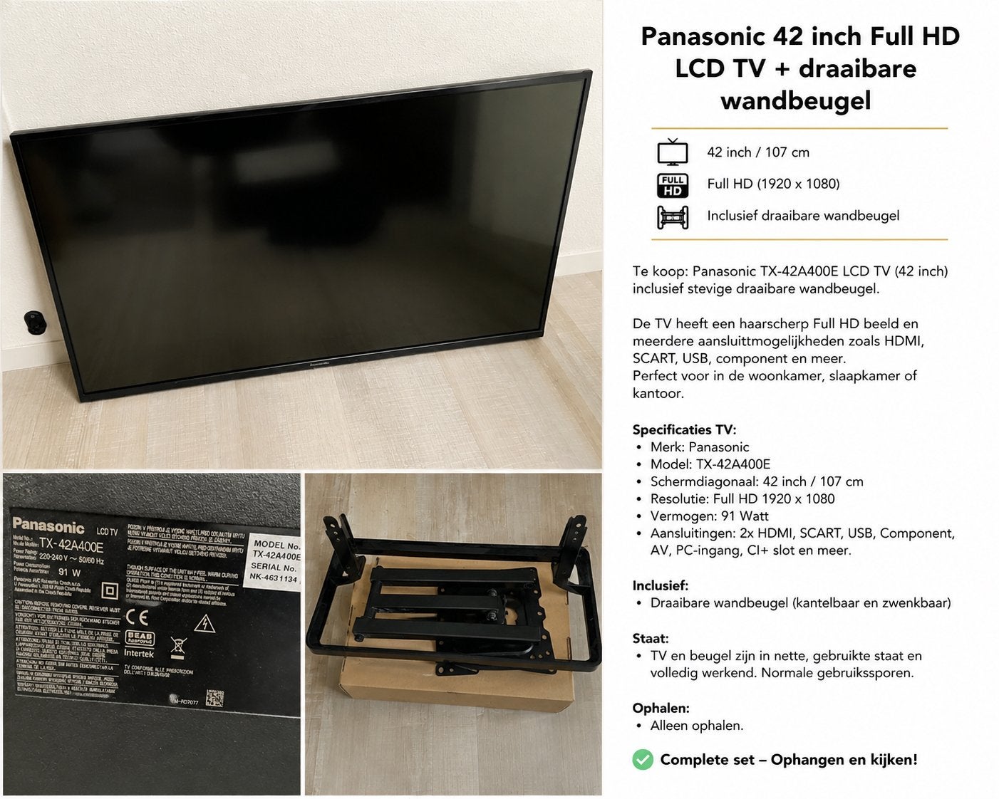Panasonic 42 inch Full HD LCD TV + draaibare wandbeugel, Ophalen, Panasonic, 50 Hz, Zo goed als nieuw