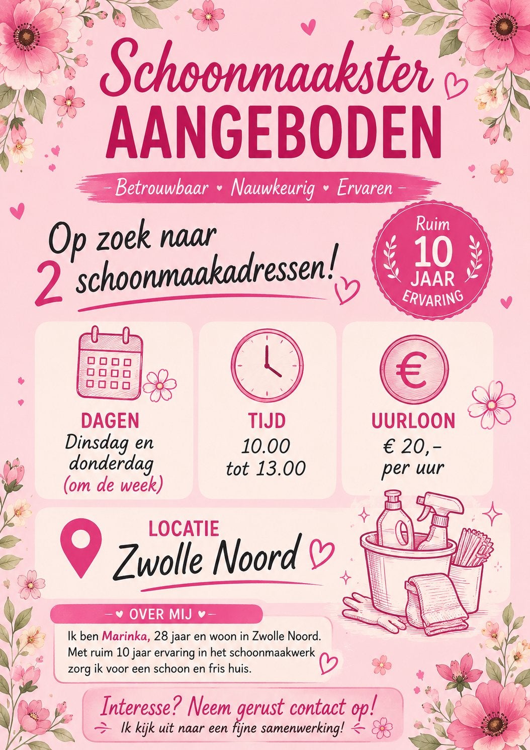 Schoonmaakster aangeboden!, Vacatures, Vacatures | Schoonmaak en Facilitaire diensten, Vanaf 10 jaar, Overige vormen
