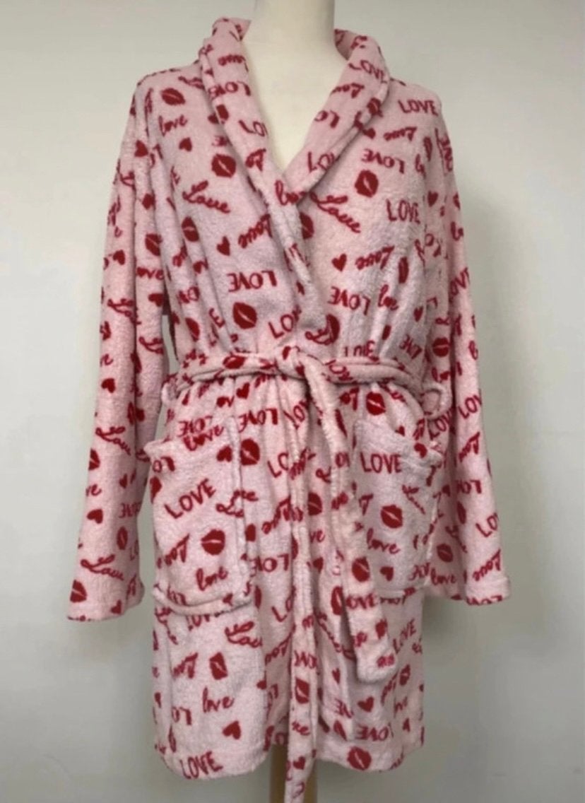 Roze fleece badjas – LOVE print – maat M, Onbekend, Verzenden, Zo goed als nieuw