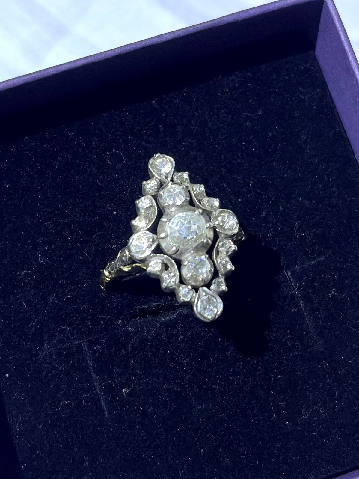 Antiek 14 k gouden prinsessenring met roosgeslepen diamanten, Ophalen, Goud, Ring, Met edelsteen
