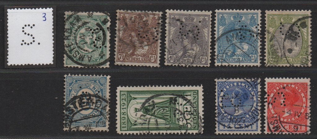 Perfins Nederland  - - -   9  zegels met  Perfin  S 3, Verzenden, T/m 1940, Gestempeld