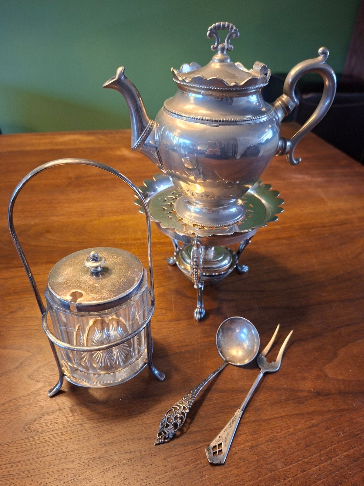 Antiek verzilverd theeservies met theepot en accessoires, Ophalen of Verzenden, Zilver