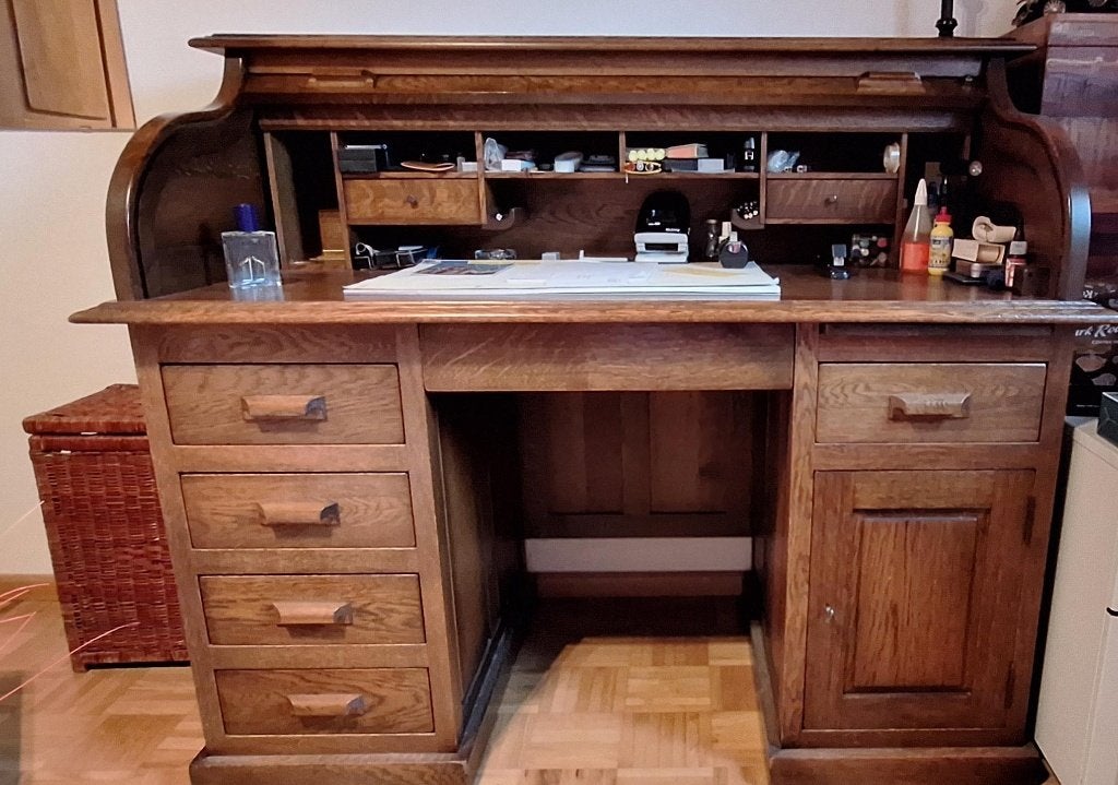 Antiek rolluikbureau van eikenhout, Ophalen, Met lades, Gebruikt, Hout