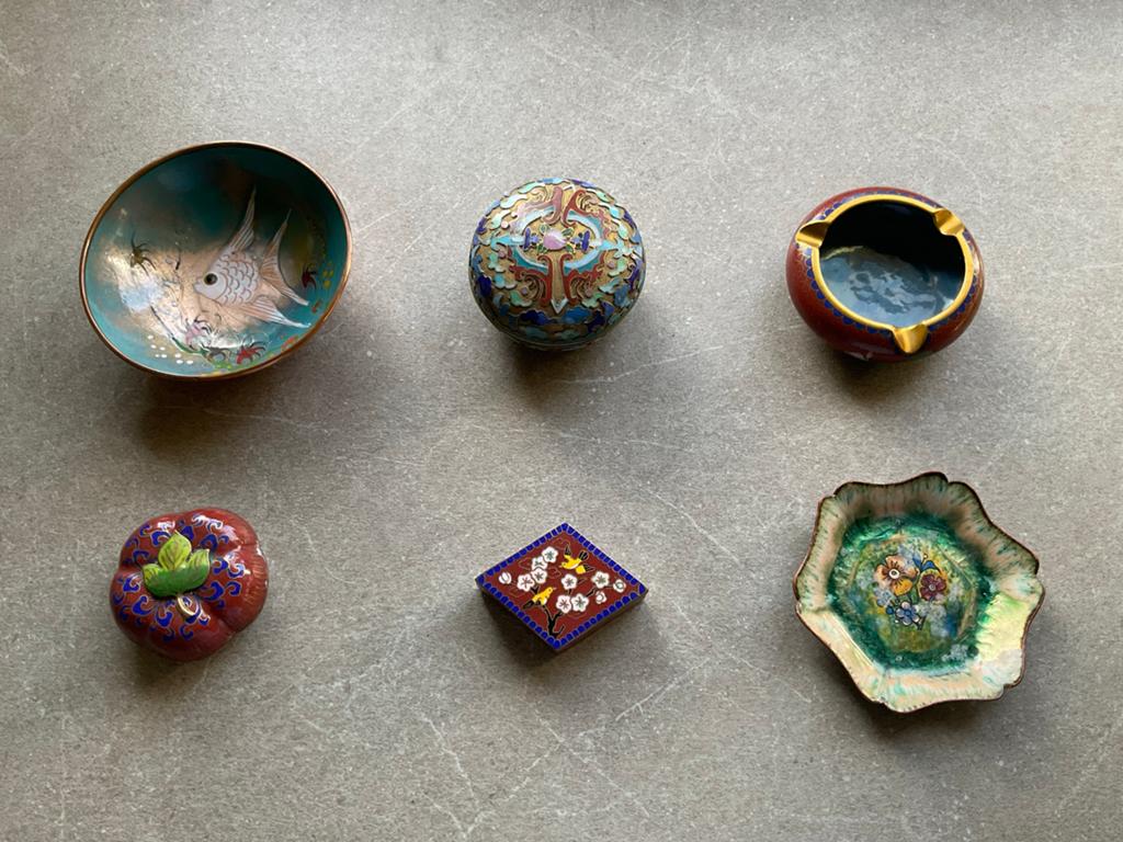 Set van 6 Vintage Cloisonné en Koperen Schalen/Doosjes, Antiek en Kunst, Ophalen of Verzenden