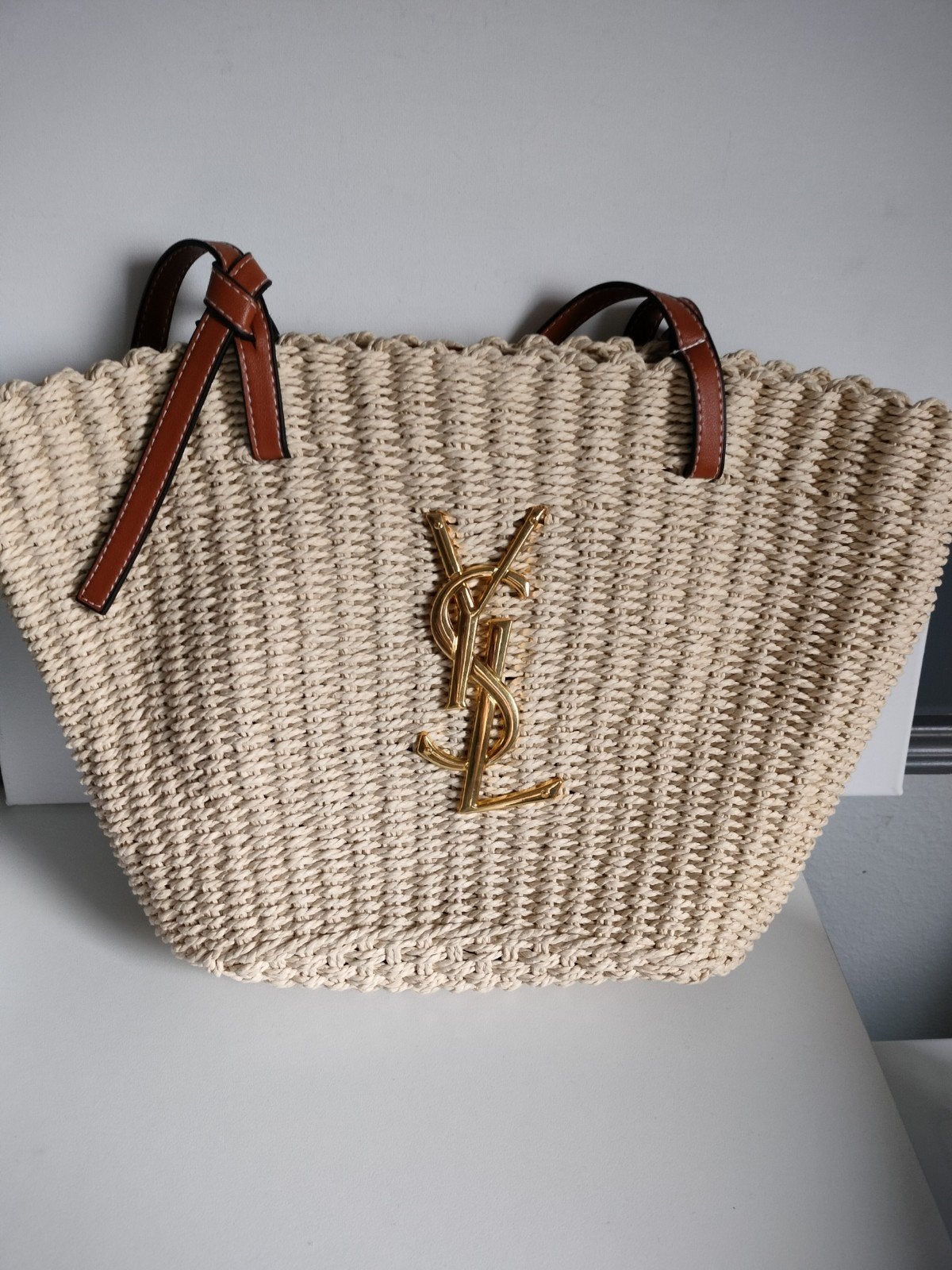 Raffia Shopper met Leren Details, Ophalen of Verzenden, Bruin, Shopper