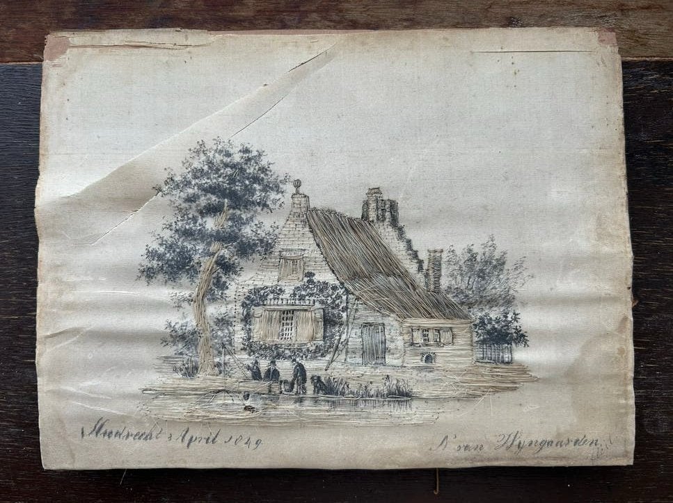 Antiek rietje kunstwerk 'Huisje aan het water' 1849, Ophalen of Verzenden