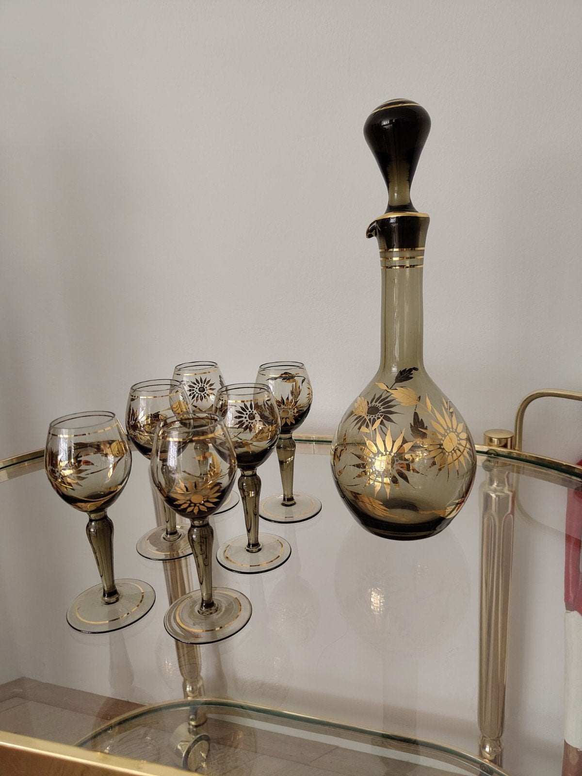 Vintage karaf en glazen set met gouden decoratie, Ophalen