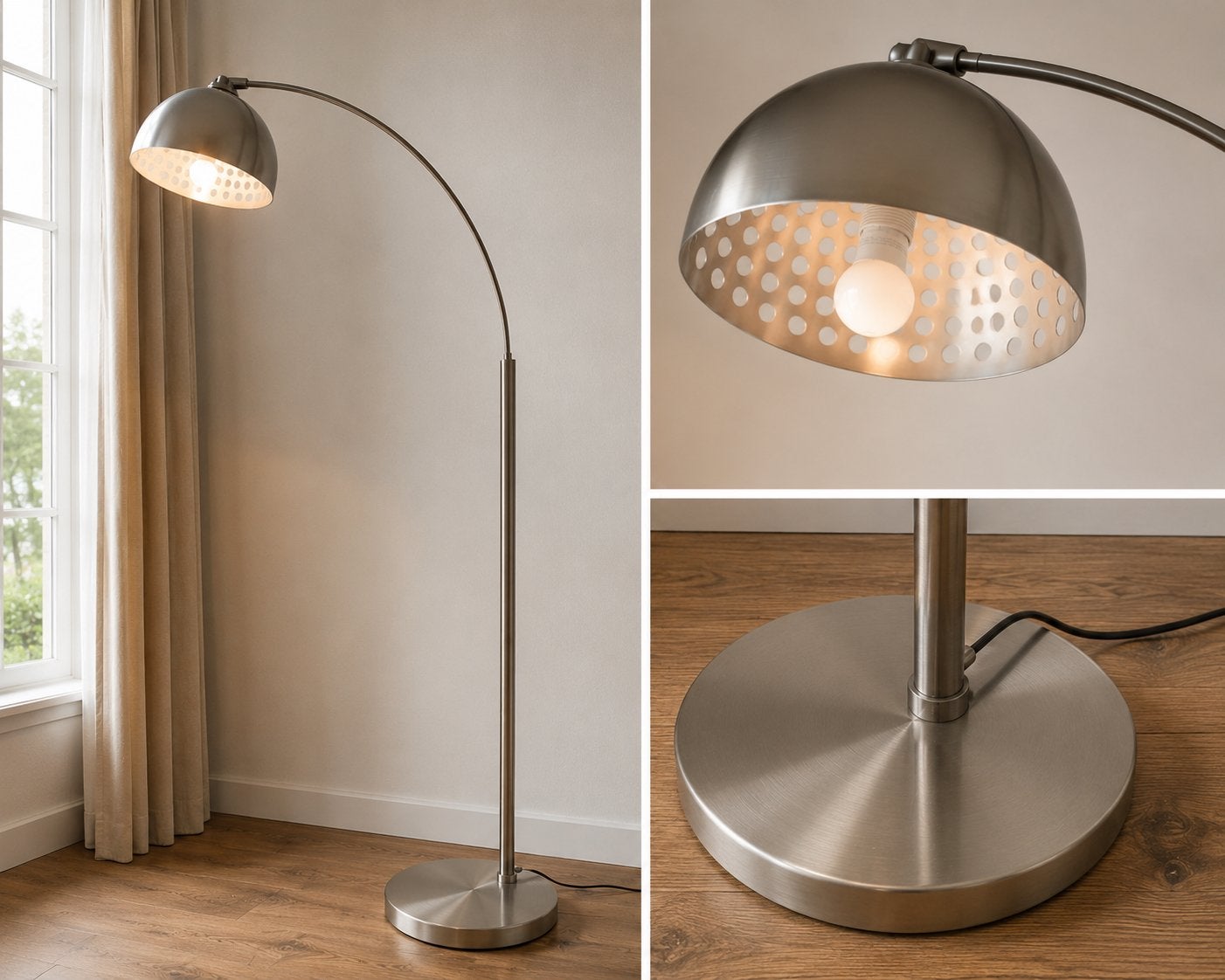 Moderne booglamp met geperforeerde kap - RVS look, Ophalen, E27 (groot), Zo goed als nieuw, Metaal