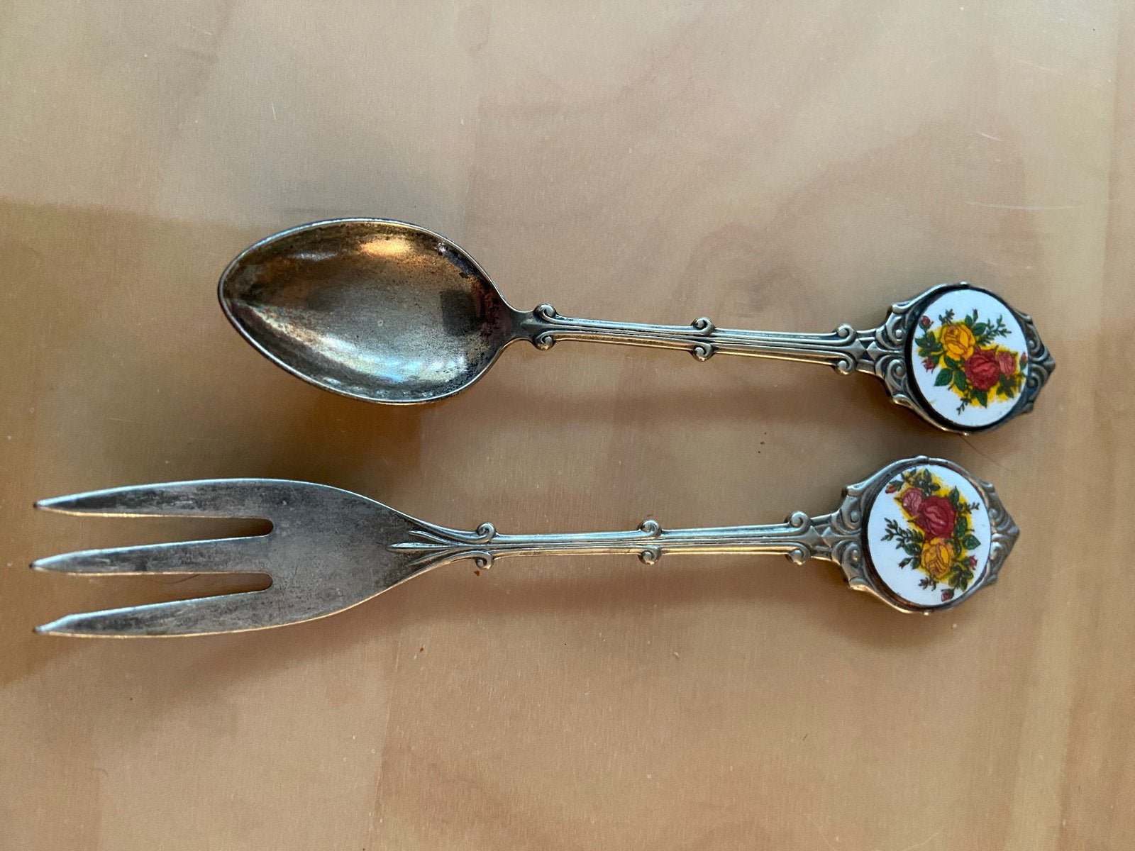 Antiek verzilverde lepel en vork met rozen emaille, Ophalen of Verzenden