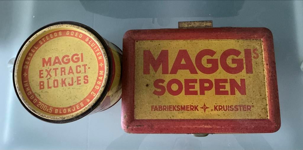 2 Oude Maggi Soep Blikken - Rond en Rechthoekig Groot Model, Ophalen, Gebruikt, Overige, Overige merken
