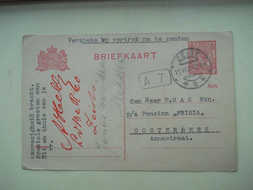 Nederland Briefkaart Kon. Wilhelmina Rondstempel Zeist, Postzegels en Munten, Brieven en Enveloppen | Nederland, Ophalen of Verzenden