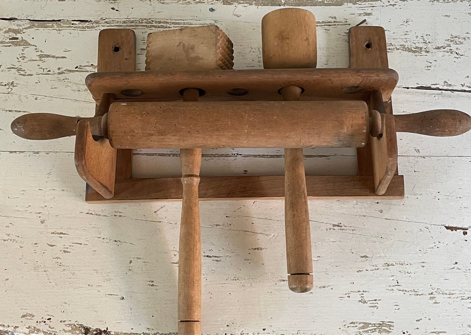 Brocante oud houten pollepel rekje 4 delig, Ophalen of Verzenden