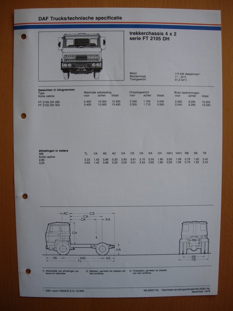 DAF FT 2100 DH Technische Specificatie folder 1979 - 4x2, Ophalen of Verzenden, Zo goed als nieuw, Overige merken, DAF