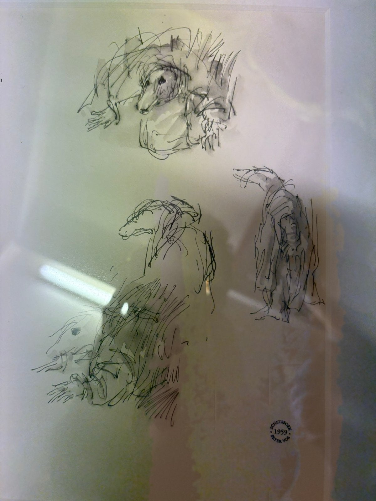Originele schetsen Peter Vos (1959) - Ingelijst, Antiek en Kunst, Kunst | Tekeningen en Foto's, Ophalen, Tekening, Pentekening