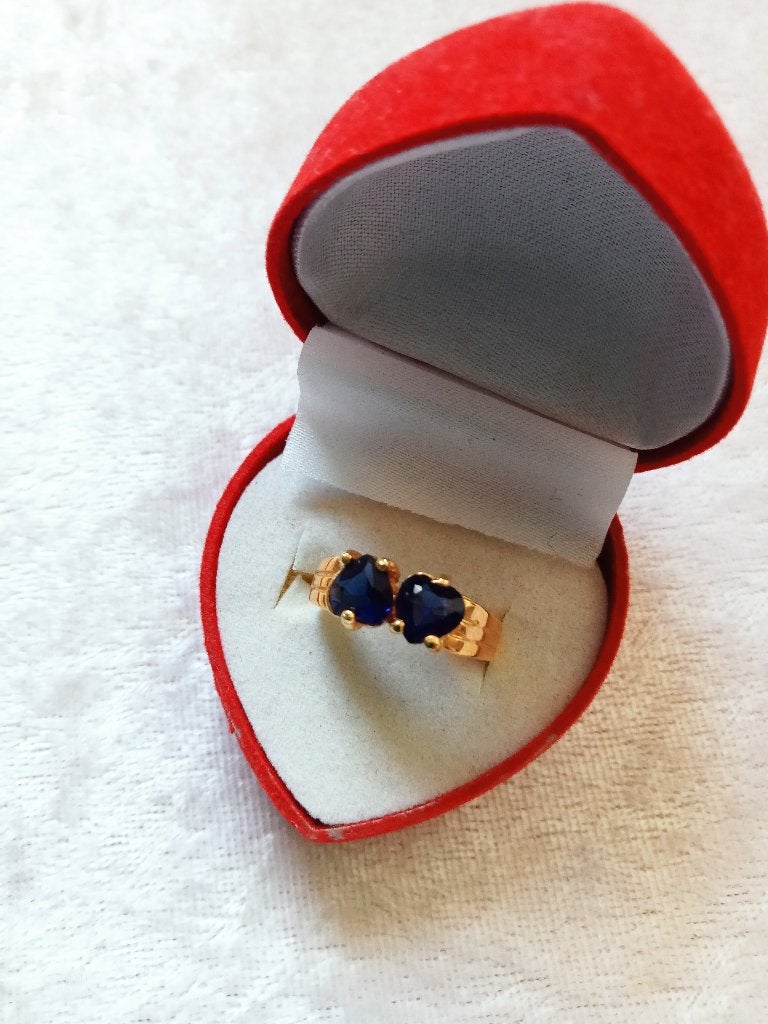 Mooie Goud Doublé Ring- 2 Blauwe Swarovski Kristallen Hartje, Verzenden, Zilver, Ring, Verguld