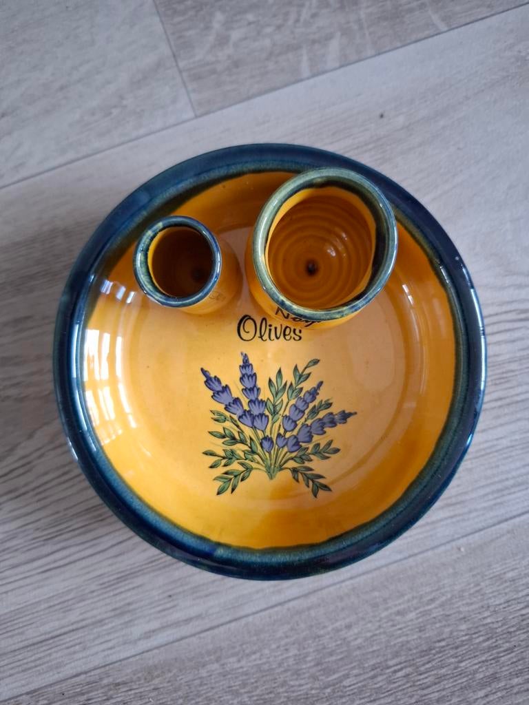 Olijvenschaaltje met pitjeshouder - Geel/Blauw, Antiek en Kunst, Antiek | Keramiek en Aardewerk, Ophalen of Verzenden