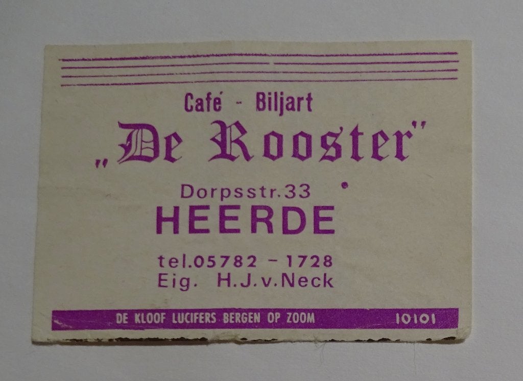 Café Biljart   DE ROOSTER   Dorpsstraat   HEERDE, Verzenden, Gebruikt, Luciferdoosjes of -merken