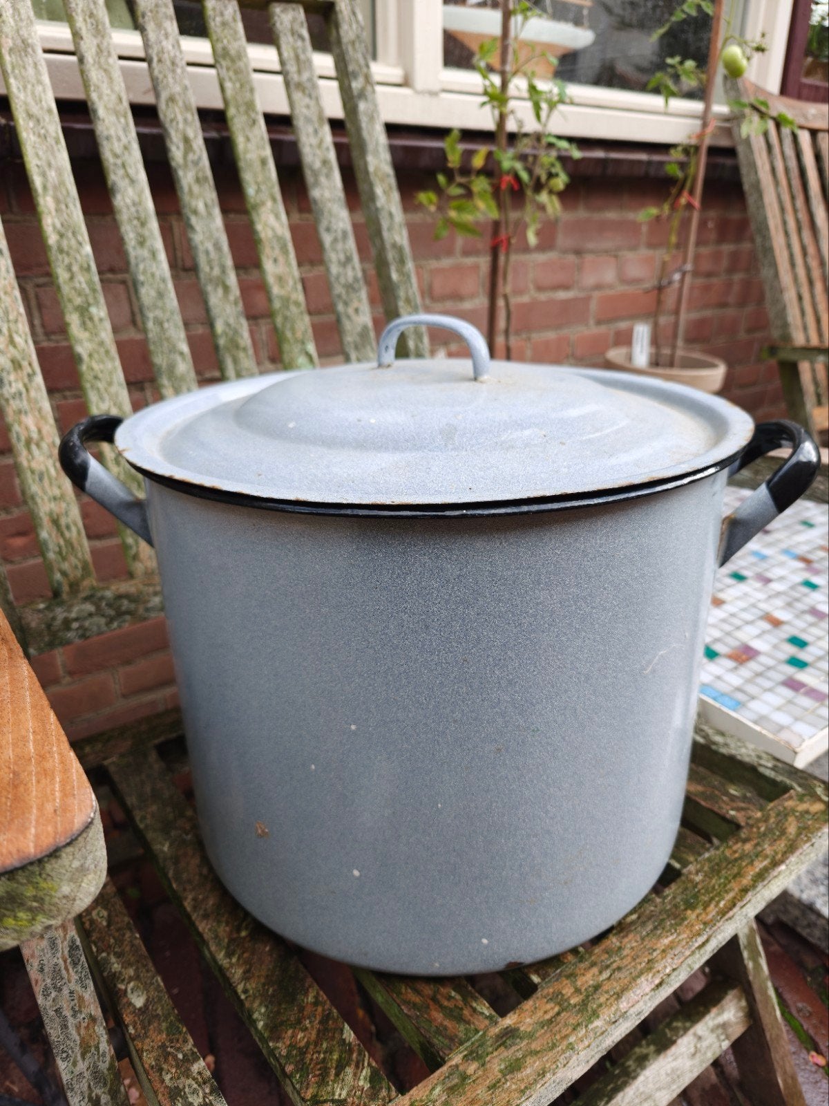 Grote vintage emaille pan met deksel - grijs, Ophalen