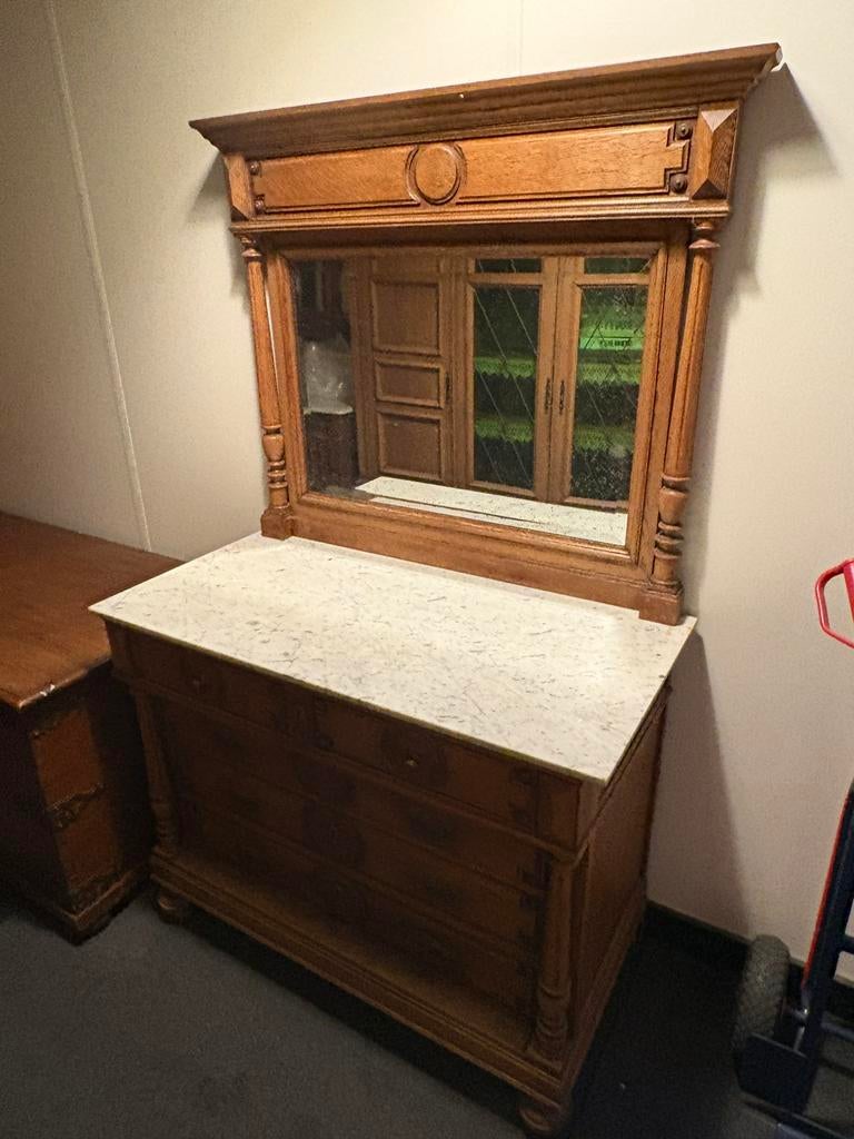 Antiek dressoir met marmeren blad en spiegel – vintage kast, Huis en Inrichting, Kasten | Dressoirs, Ophalen of Verzenden