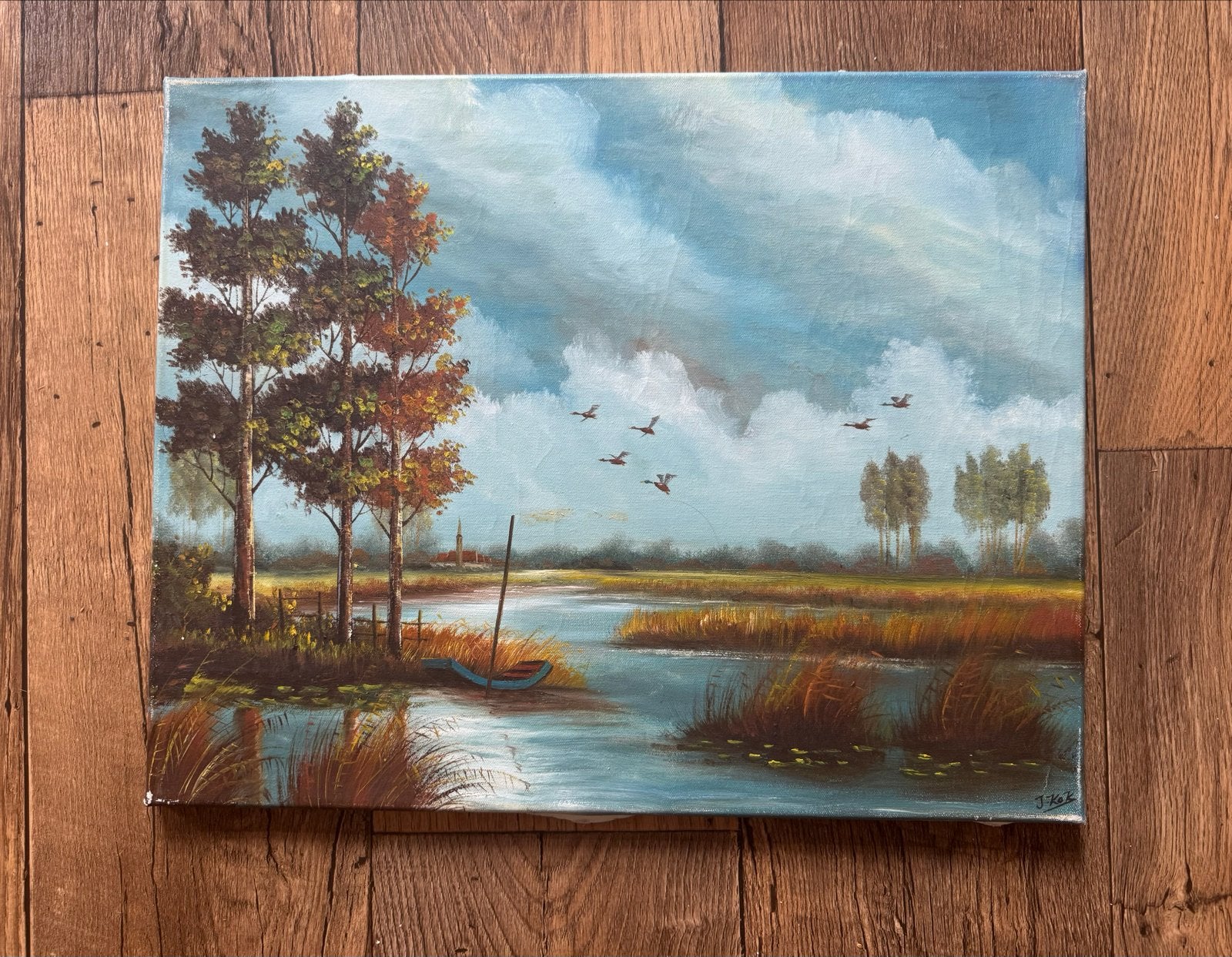 Johannes Kok - Landschap met water en vogels (50x40 cm), Ophalen, Doek, Realistisch, Gesigneerd