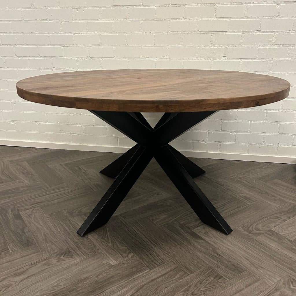 Mangohouten Eettafel Rond Spinpoot 130cm, Overige materialen, Rond, Ophalen of Verzenden, Zo goed als nieuw