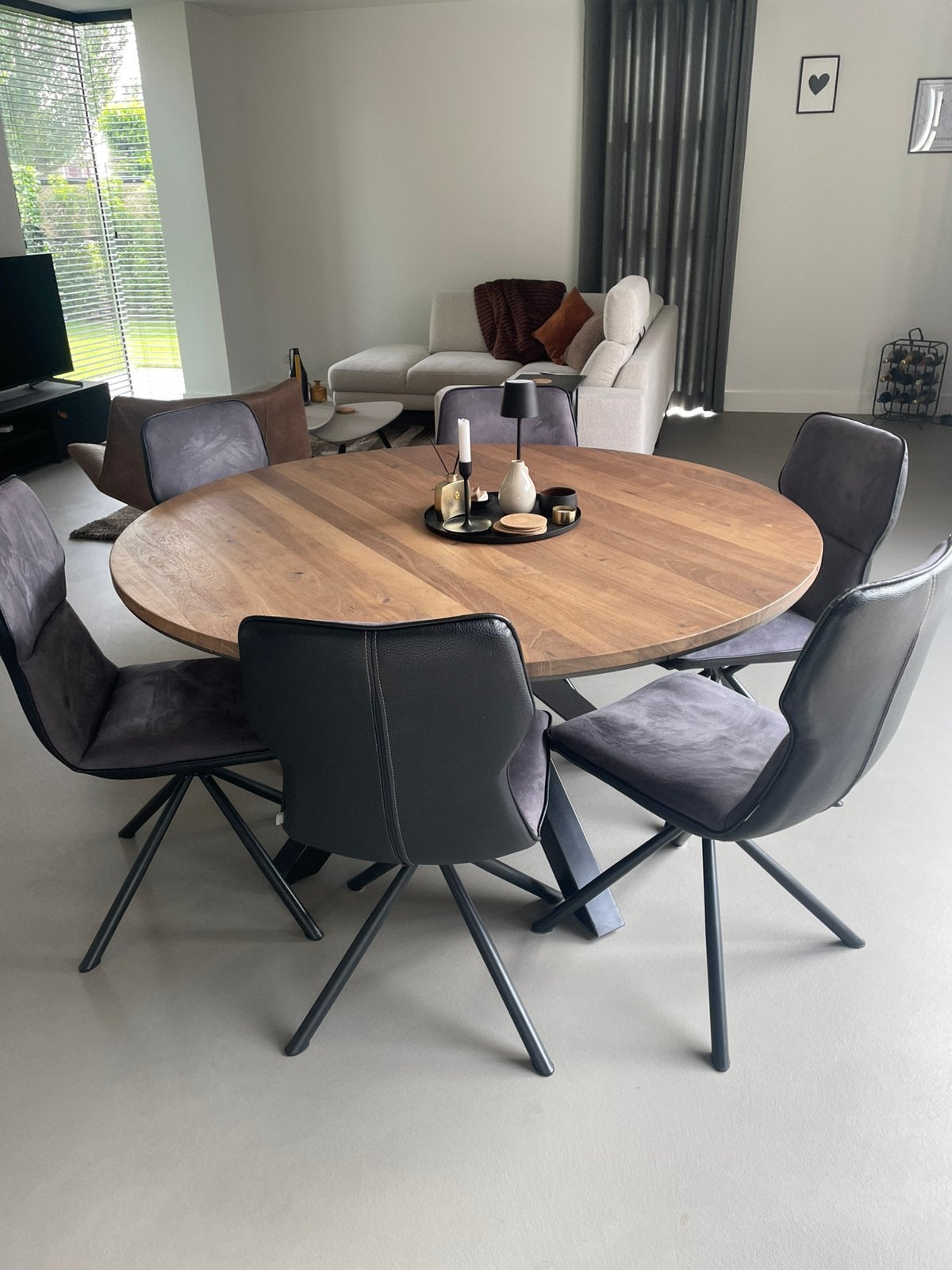 Zeer goede staat! Tafel rond 150cm (evt 6 stoelen antraciet), Huis en Inrichting, Tafels | Eettafels, Ophalen, Gebruikt, Rond
