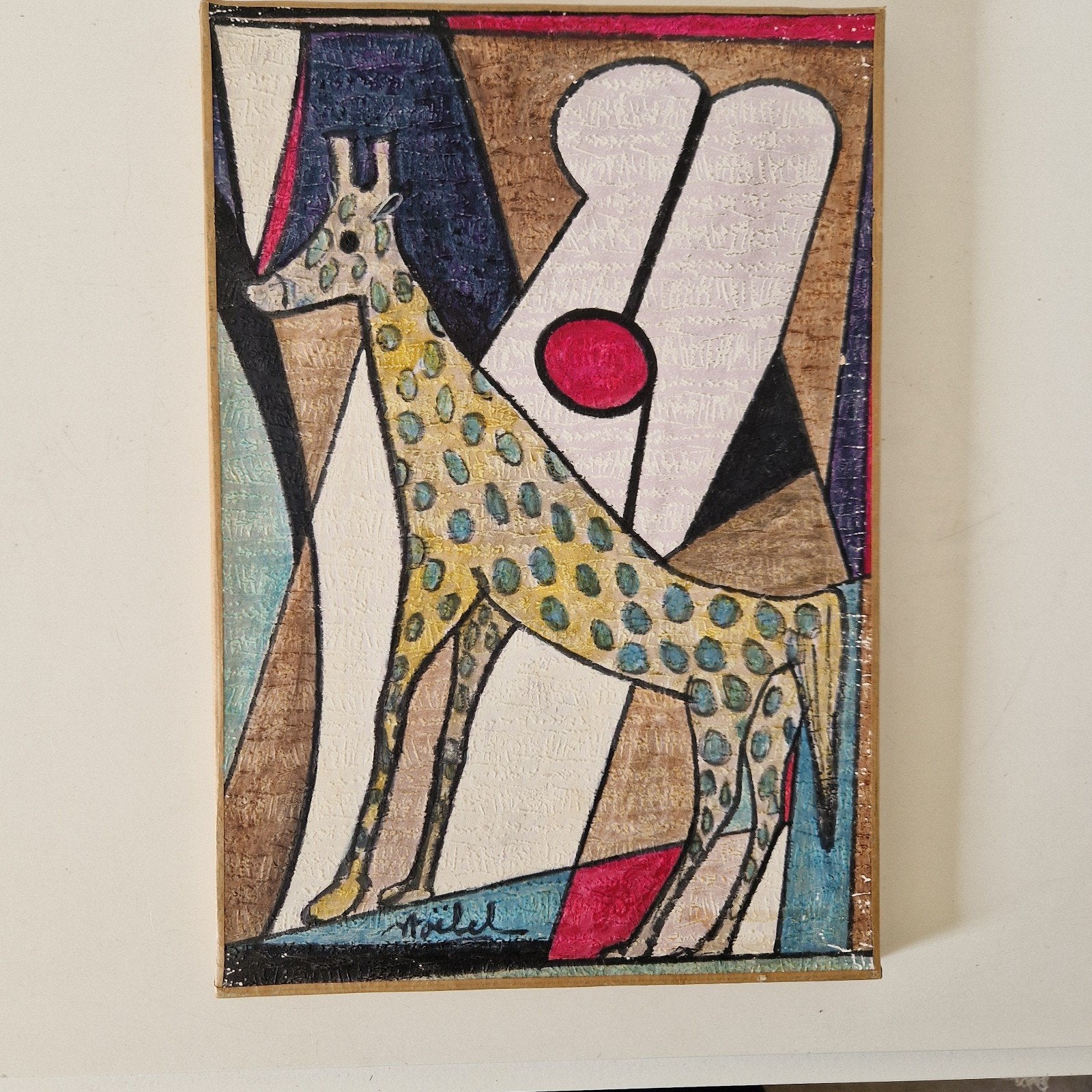 abstract brutalistisch  schilderij met giraffe - 35x24 cm, Antiek en Kunst, Acrylverf, Gesigneerd, Ophalen of Verzenden, Dieren