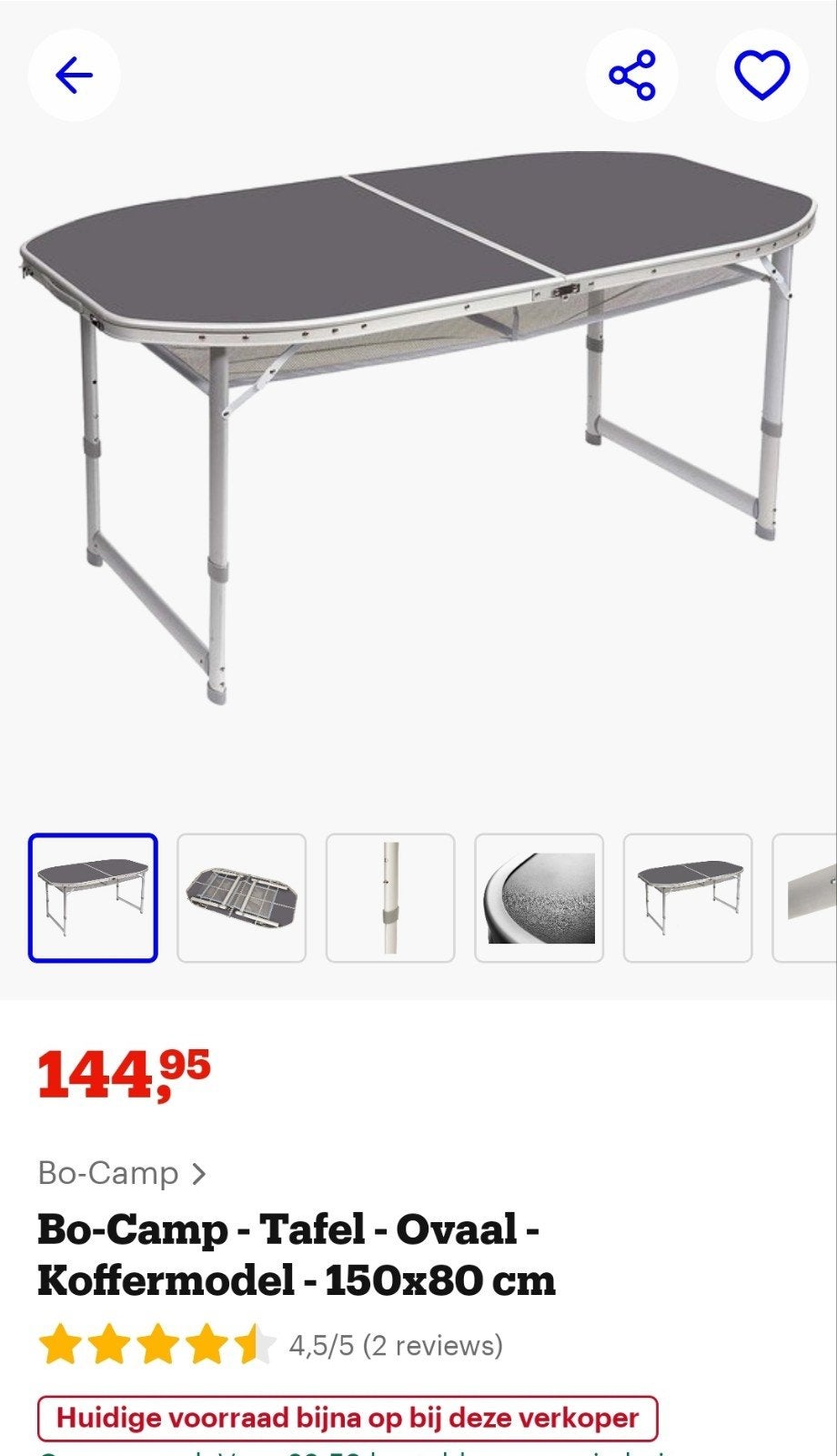 bo camp Campingtafel koffermodel opbergnet verstelbare poten, Ophalen, Gebruikt