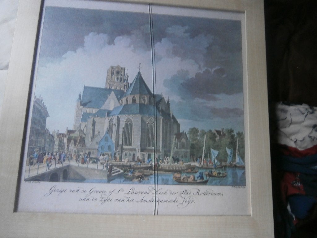 Zeeroude Kleurengravure v/d Laurenskerk in R.dam,Glas schade, Antiek en Kunst, Ophalen, Architectuur, Gravure