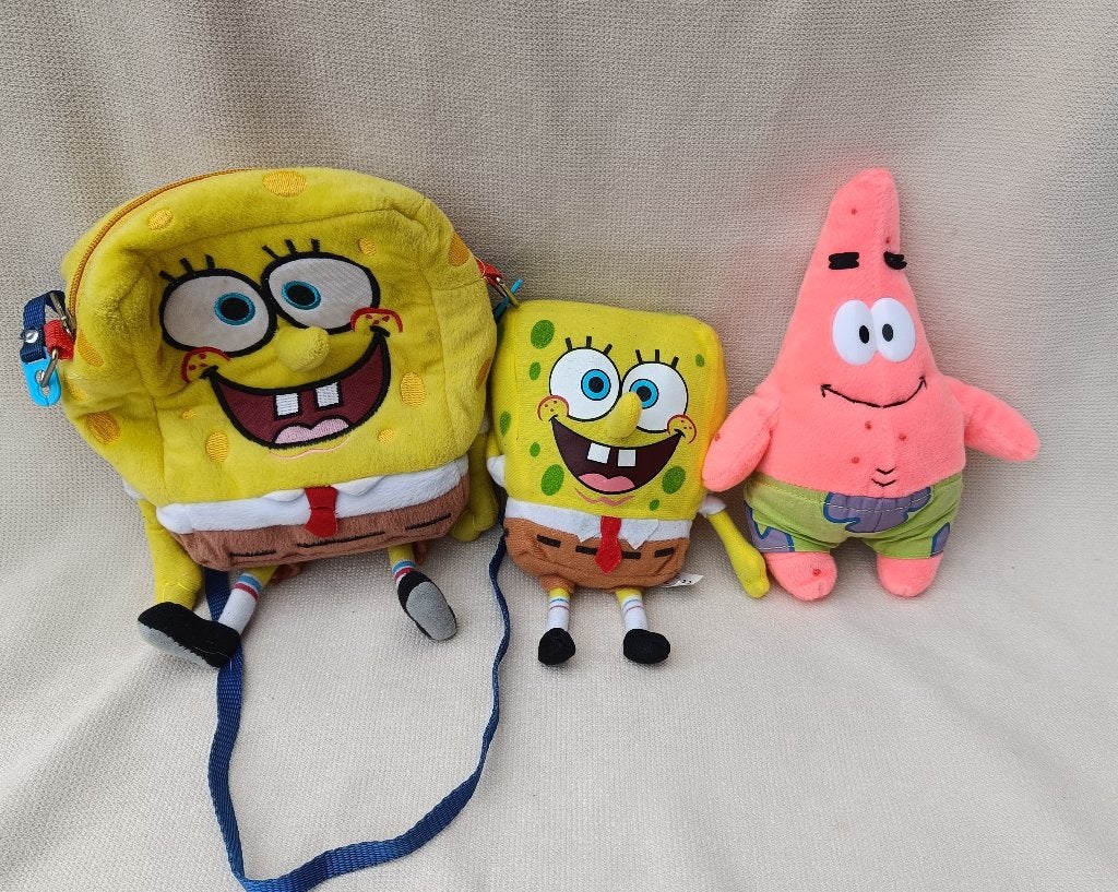 Spongebob en Patrick knuffels en tasje (2003), Ophalen of Verzenden, Zo goed als nieuw