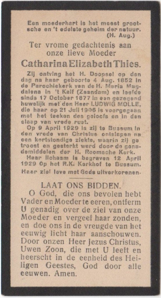 Catharina E. Thies 1852 Zaandam + 1929 Bussum, 76 jaar, Ophalen of Verzenden