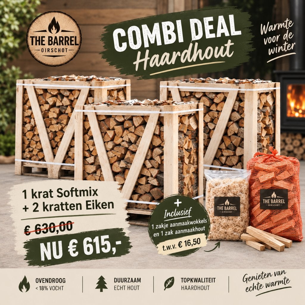 Combi Deal Haardhout 3 Kratten  Gratis wokkels & Aanmaakhout, Tuin en Terras, 3 tot 6 m³, Ophalen of Verzenden, Eikenhout, Blokken