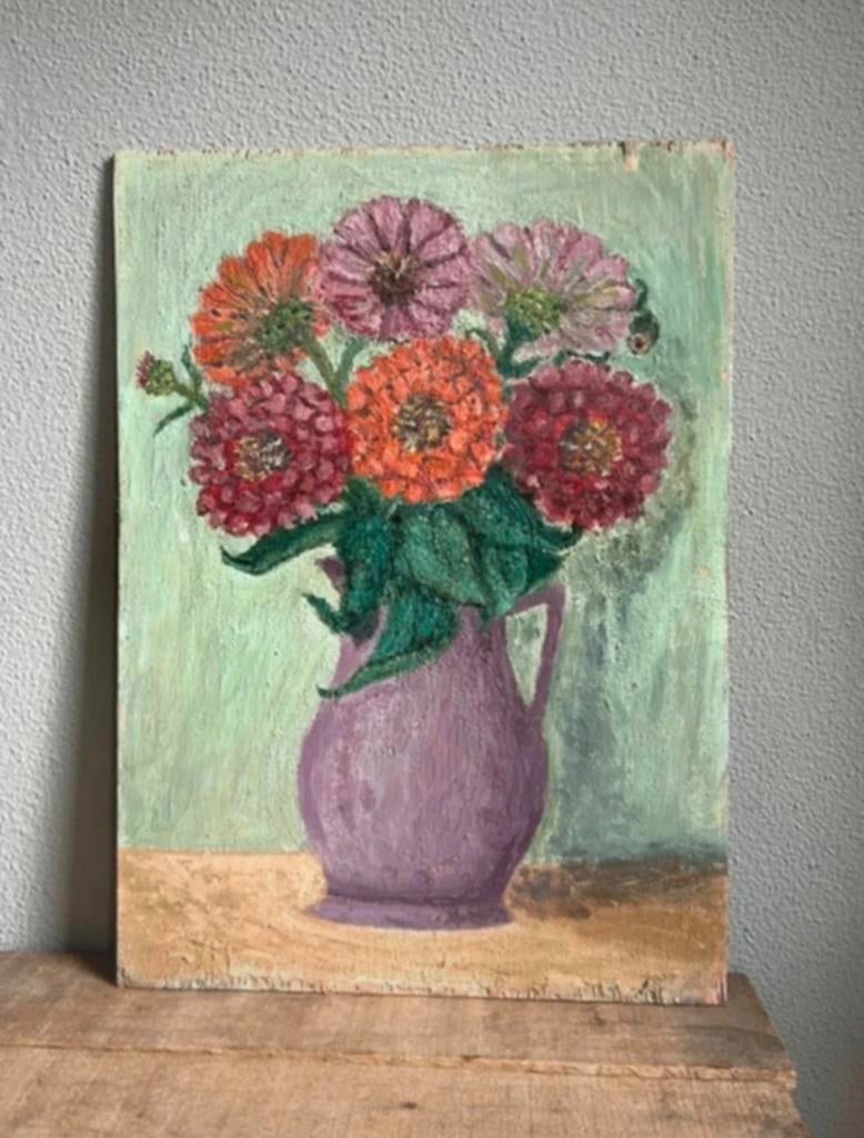 Frans houten paneeltje met bloemen, Antiek en Kunst, Curiosa en Brocante, Ophalen of Verzenden