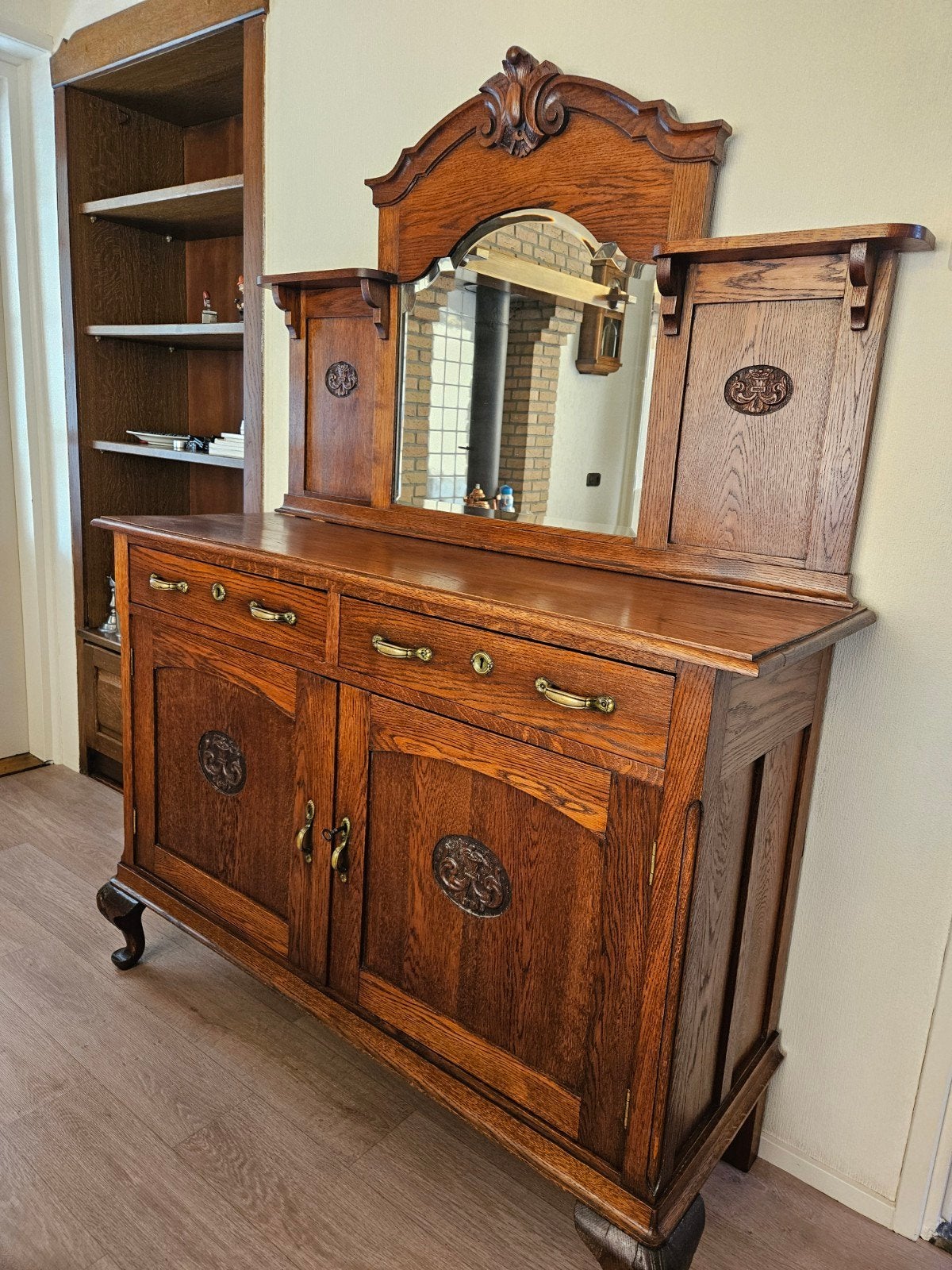 Antiek eiken dressoir met spiegel en lades, Ophalen