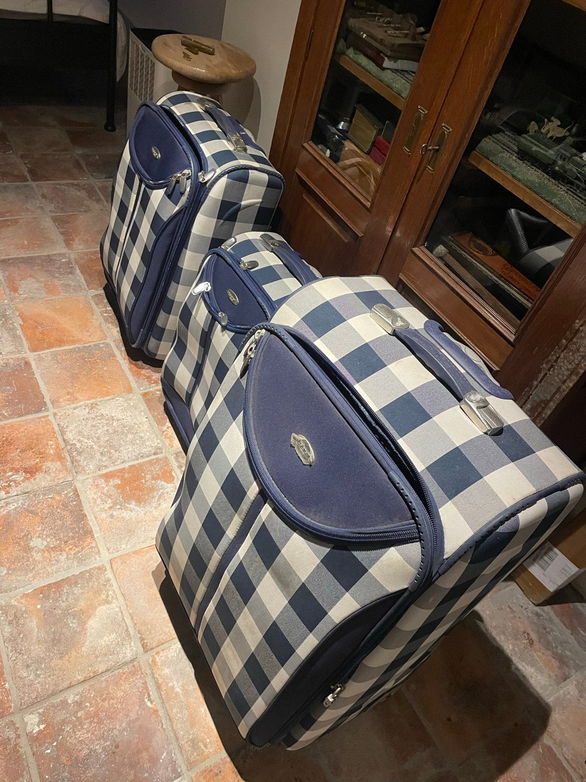 Set van 3 geruite koffers - Blauw/Wit, Ophalen, 30 cm of meer, Blauw, 80 cm of meer