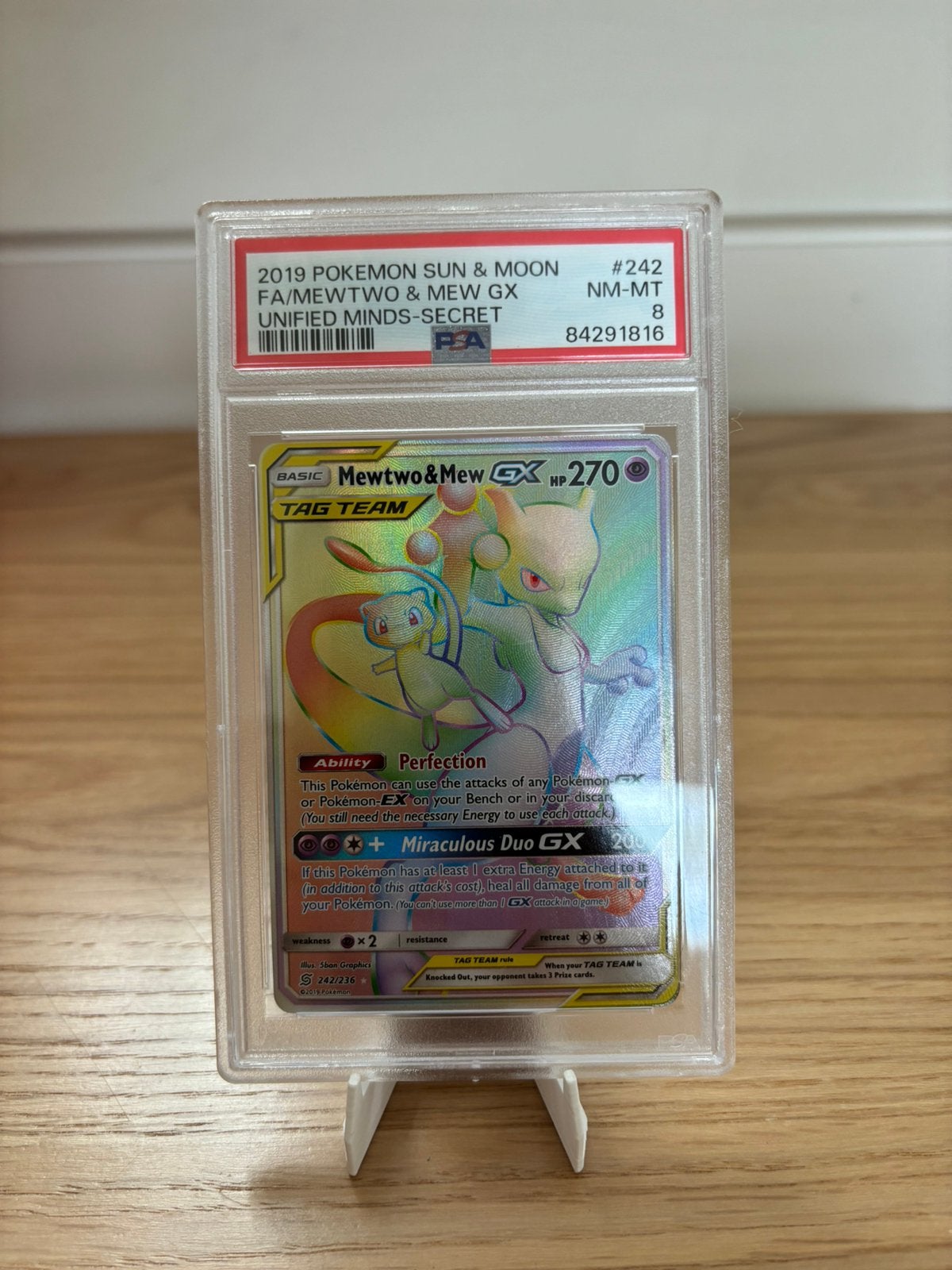 Mewtwo & Mew GX (UNM 242) Unified Minds PSA 8, Ophalen of Verzenden, Zo goed als nieuw