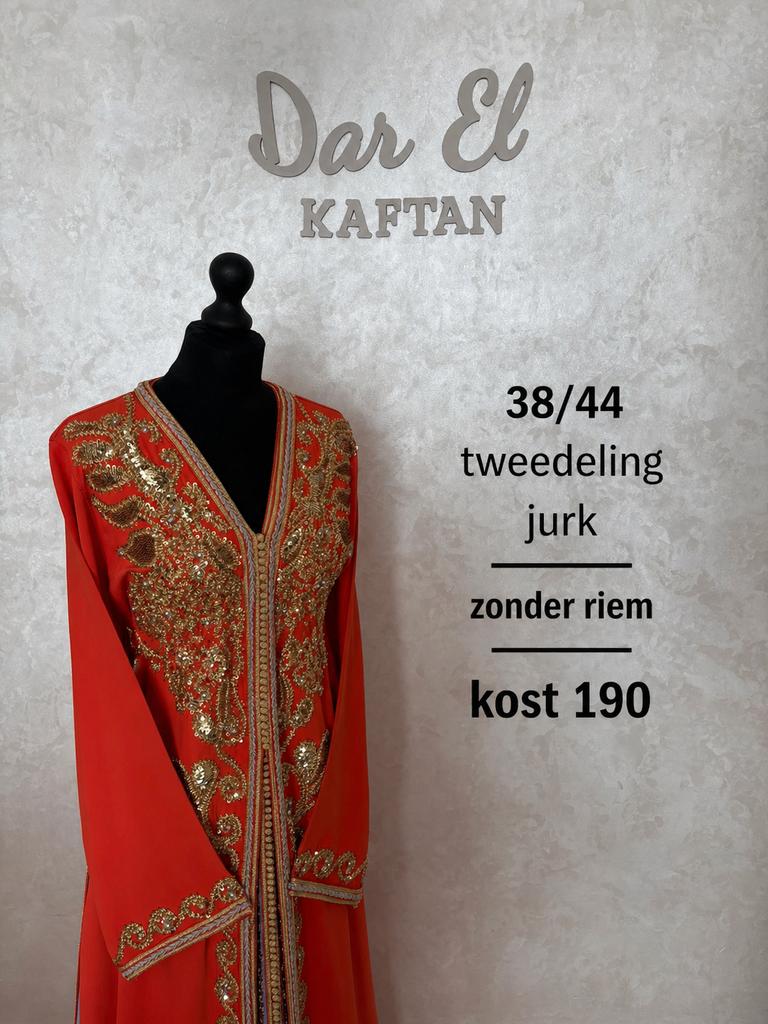 Prachtige Marokkaanse Kaftan - Oranje met Goud Borduurwerk, Maat 38/40 (M), Oranje, Ophalen of Verzenden, Zo goed als nieuw