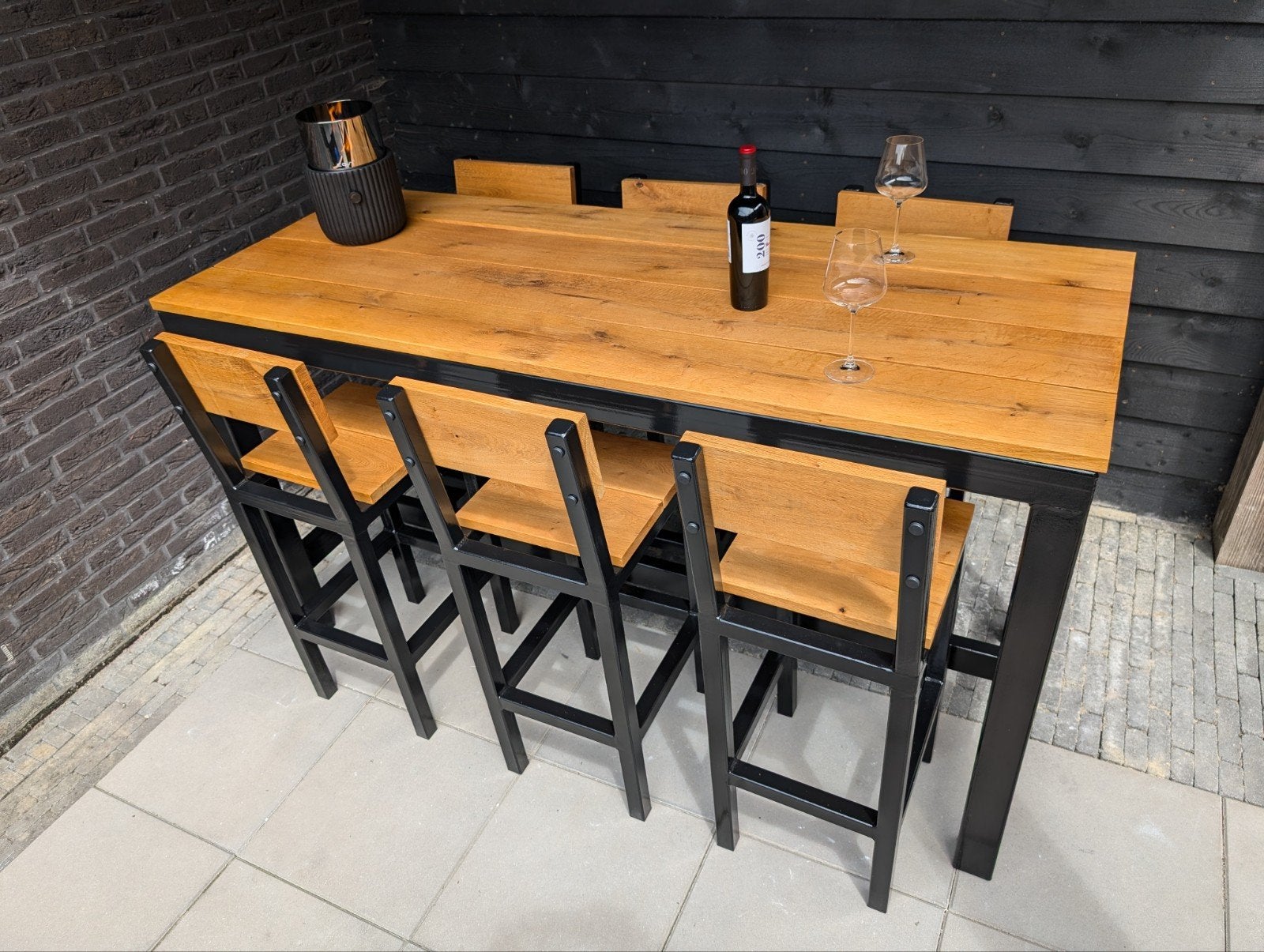 Handmade bartafel met 6 krukken - staal en eiken hout, Ophalen, Rechthoekig, Hout