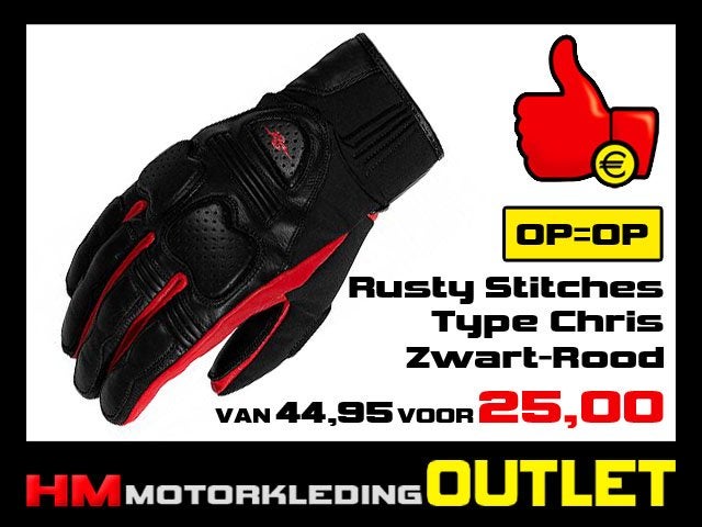 Motorhandschoen Rusty Stitches Chris - Zwart-Rood Handschoen, Info@huybersmotoren.nl, HM - Sale, NL, Dames