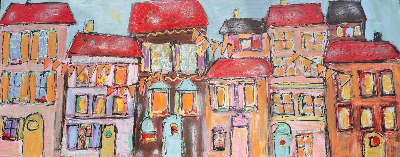 Langwerpig abstract modern schilderij 'Feest in de stad', Abstract, Acrylverf, Handgeschilderd, Ophalen of Verzenden