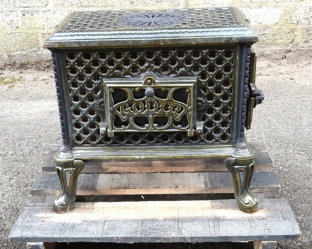 SALE antiek frans Art Deco Houtkacheltje van Godin met Raam, Gebruikt, Houtkachel, Ophalen of Verzenden, Vrijstaand