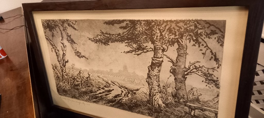 tekening, Antiek en Kunst, Ets, Ophalen of Verzenden, 35 cm, Landschap