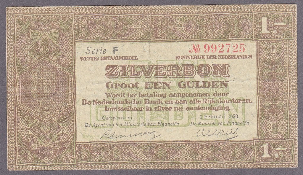 Zilverbon - 1 GULDEN 1.2.1920 ruim ZF schaars- AV3.1a, P15, Verzenden, 1 gulden