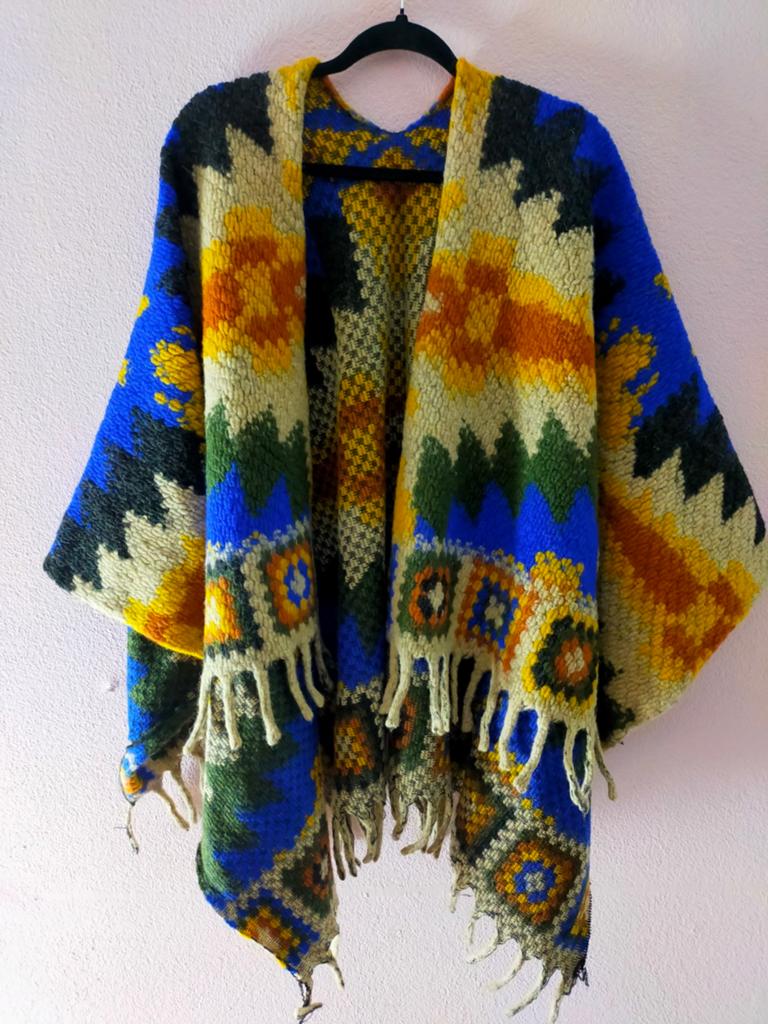Prachtige vintage boho poncho/vest met franjes, Maat 38/40 (M), Blauw, Ophalen of Verzenden, Onbekend