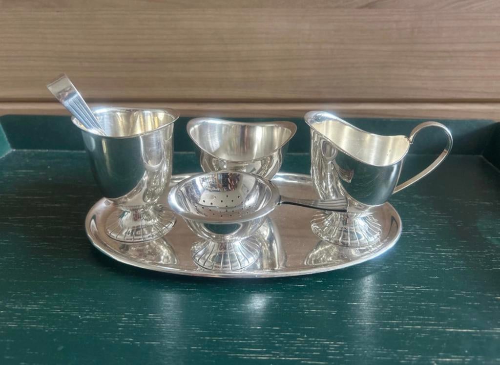 Verzilverde Douwe Egberts Empire suiker/melk/lepel bakje, Ophalen of Verzenden