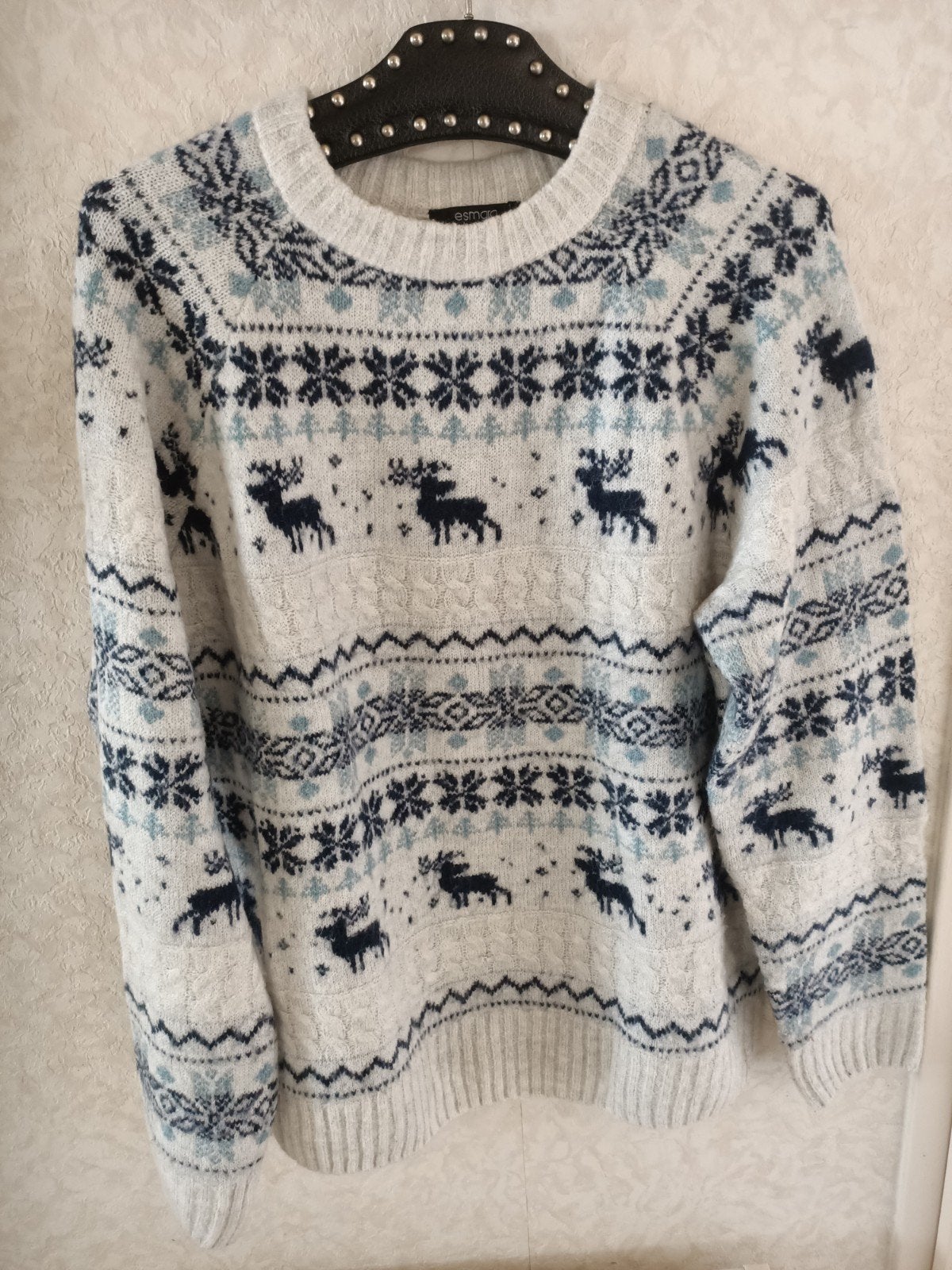 Esmara Kersttrui met Noors patroon en rendieren, Maat 38/40 (M), Wit, Gedragen, Esmara