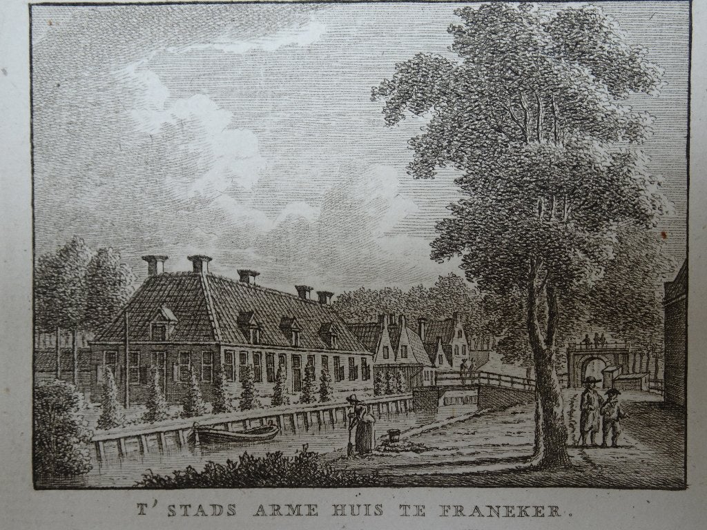 gravure diakonie weeshuis en armenhuis Franeker Bendorp 1793, Antiek en Kunst, Verzenden, Stadsgezicht, Gravure, 1700 - 1799