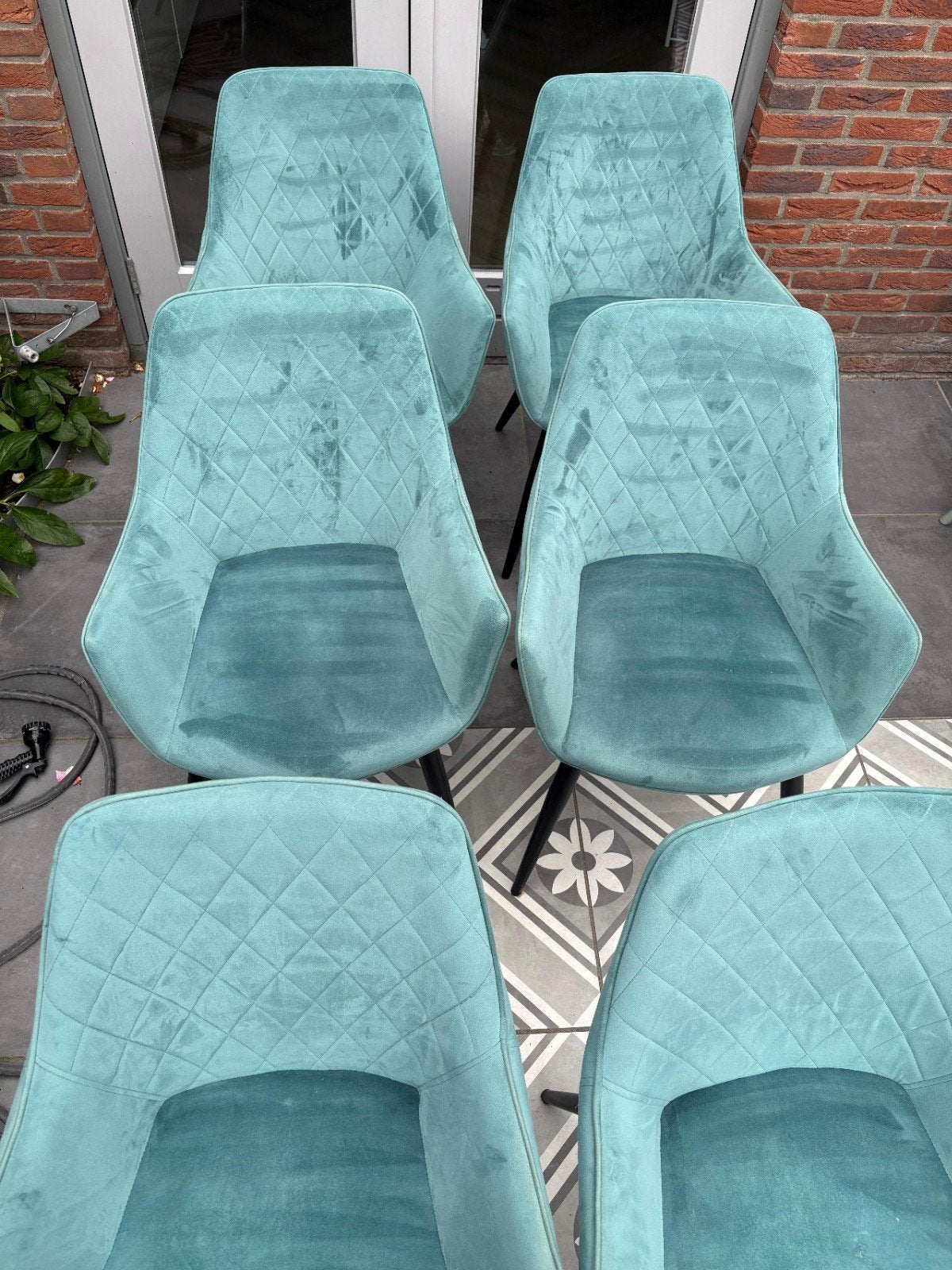 6 Eetkamerstoelen in petrol blauw velvet, Gebruikt, Blauw, Stof, Vijf, Zes of meer stoelen